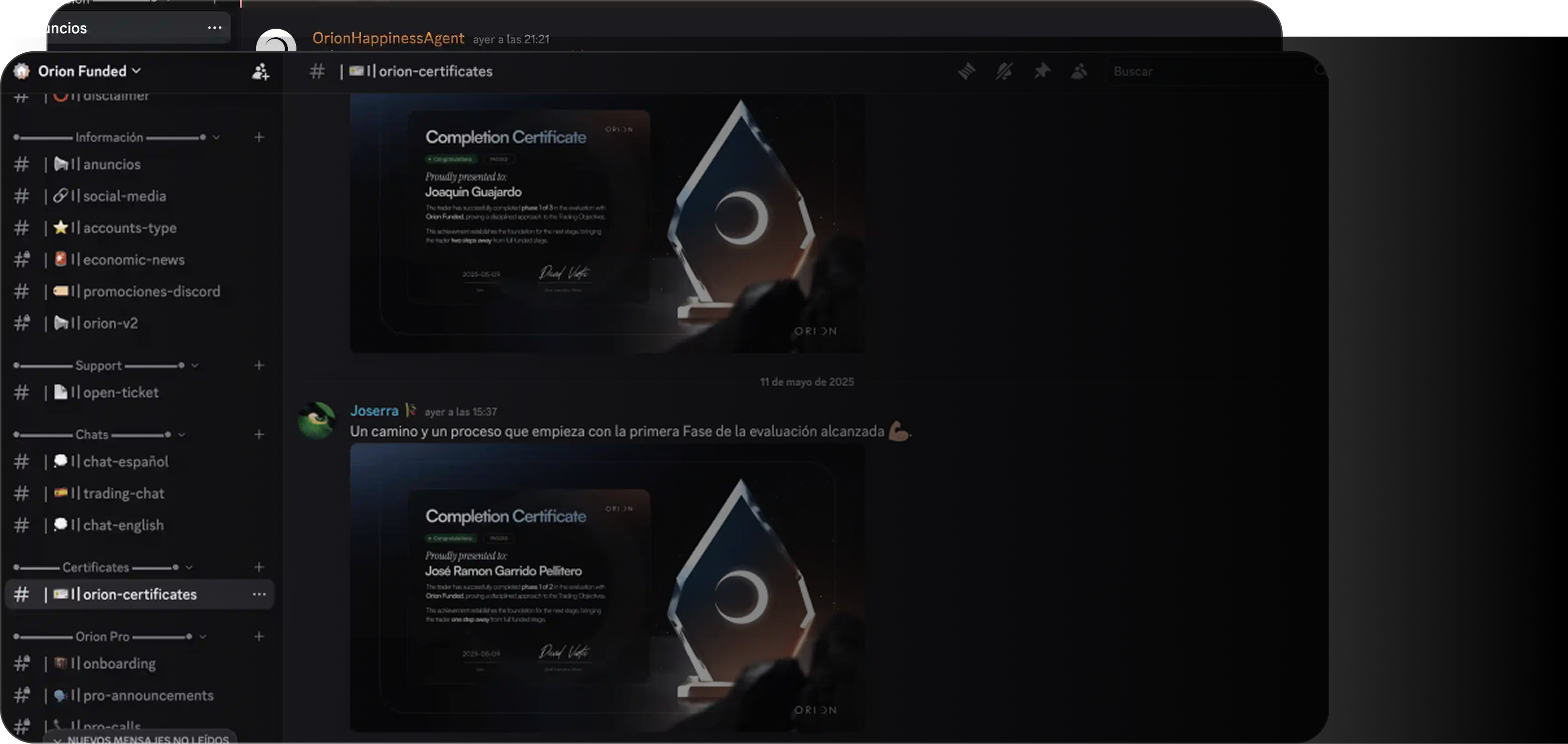 Orion Discord community with certificates and channels
