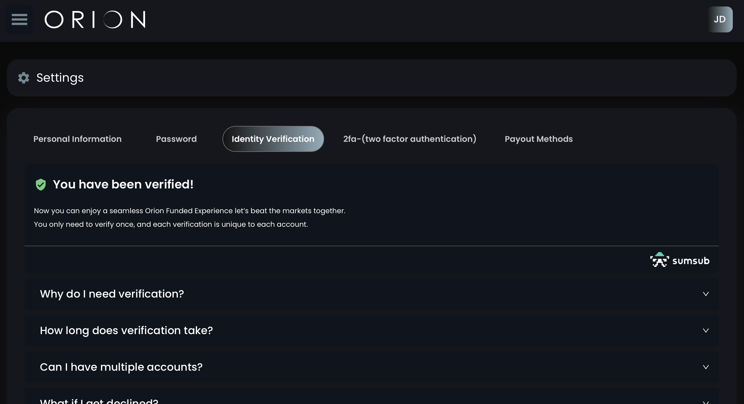 Orion Identity section KYC screenshot