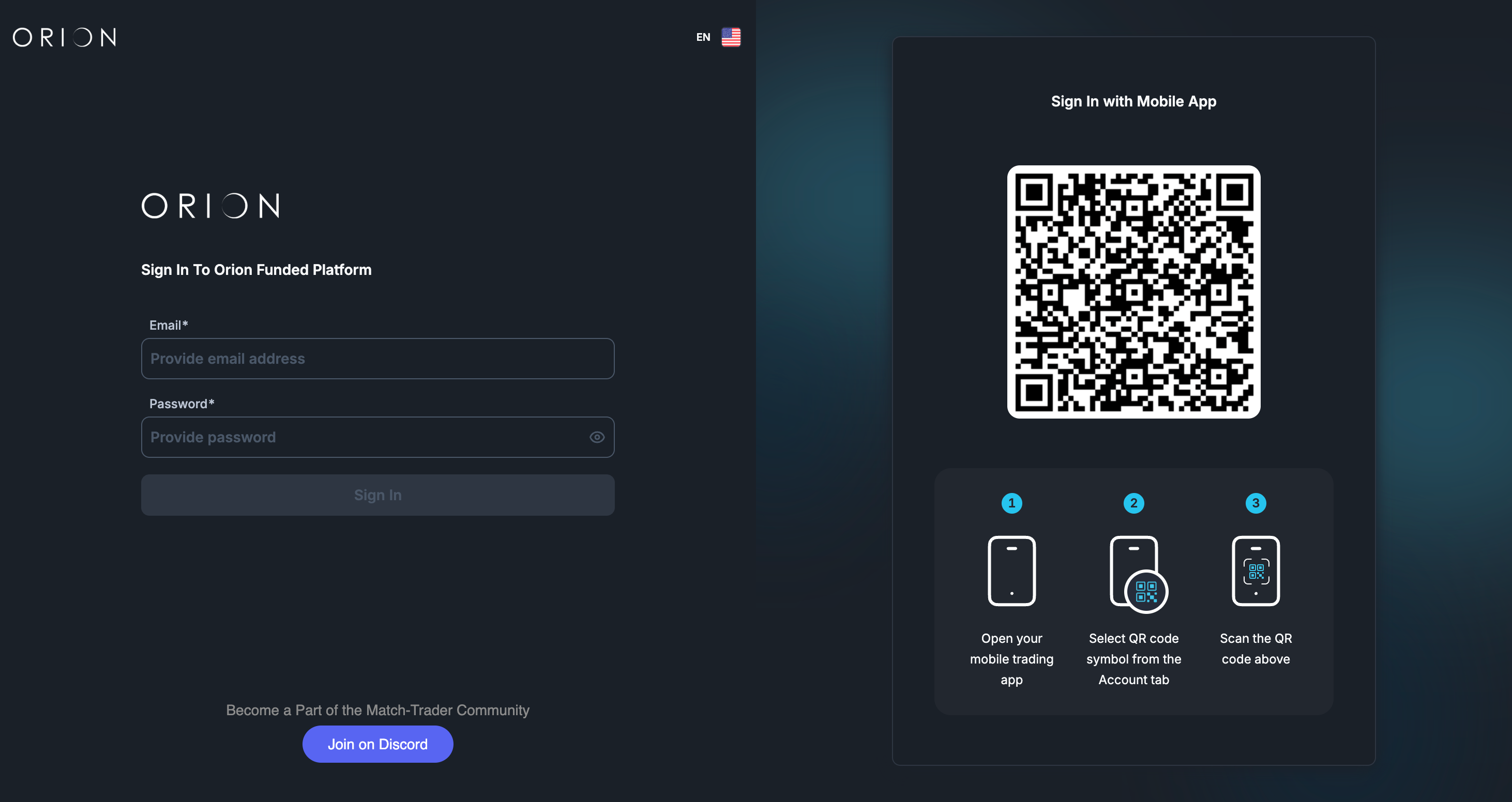MatchTrader login screen screenshot