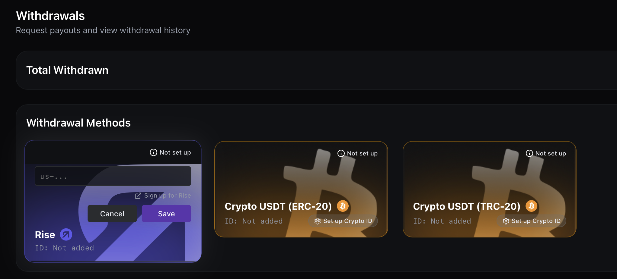 Orion Withdrawals page with the Rise card where you paste your Nano ID